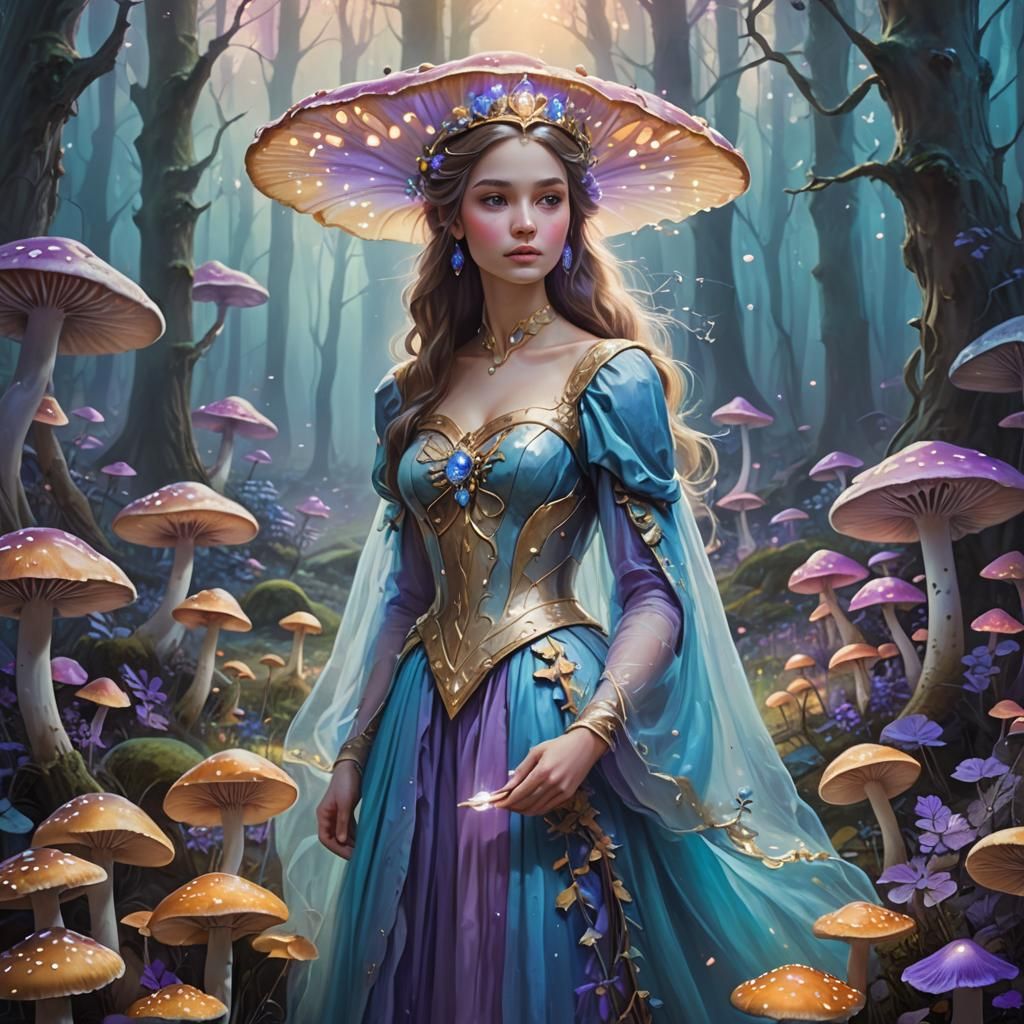 Elegant Princess in Mystical Mushroom Forest