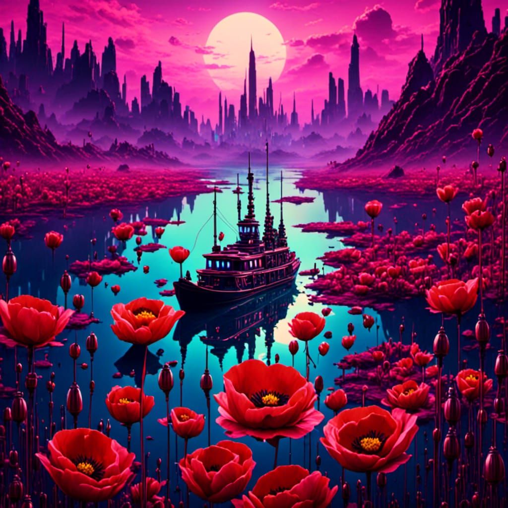 Steampunk Syringe Boat with Opium Poppies