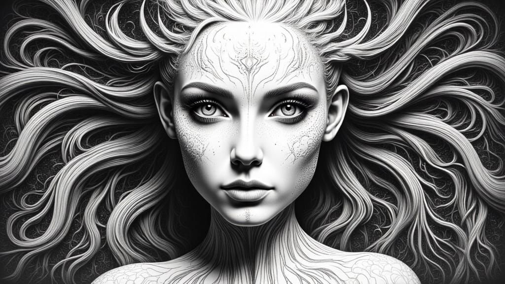 Dark Whimsical Scene in Black and White