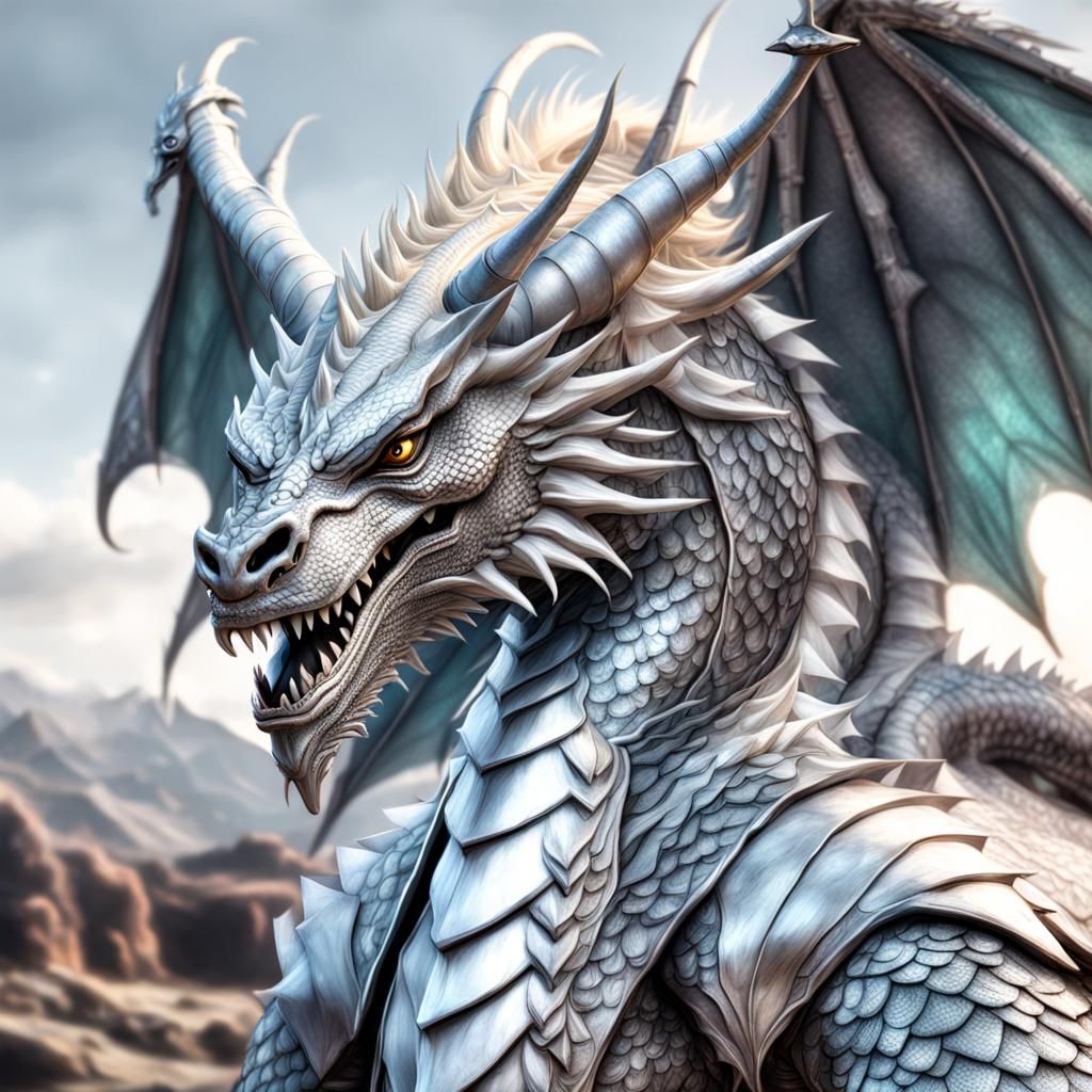 Pastel Dragon in Silver Armor, Hyperrealistic Digital Art