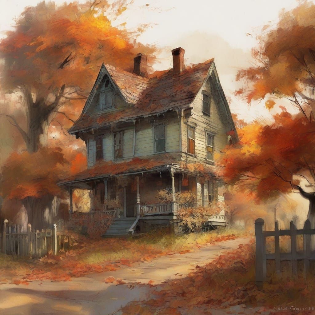 Surreal Autumn Masterpiece with a Clapboard House in Stylize...
