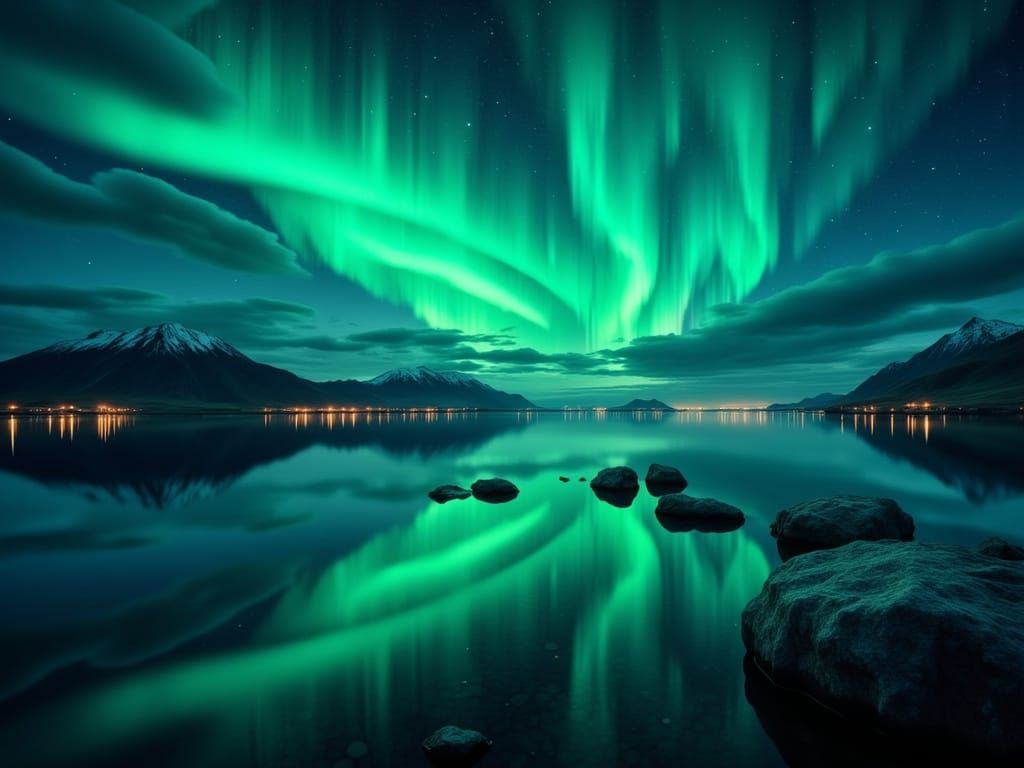 Aurora Borealis Mirrored on Volcanic Lake