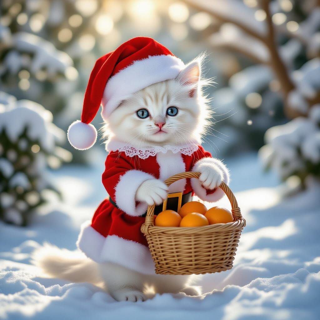 Cute Kitten in Santa Outfit in Winter Garden