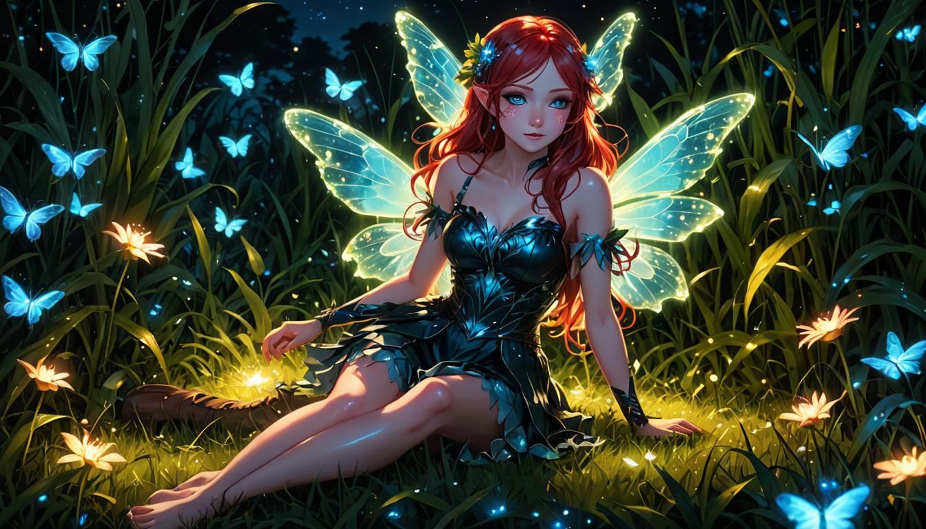 Anime Fairy Girl with Bioluminescent Red Hair