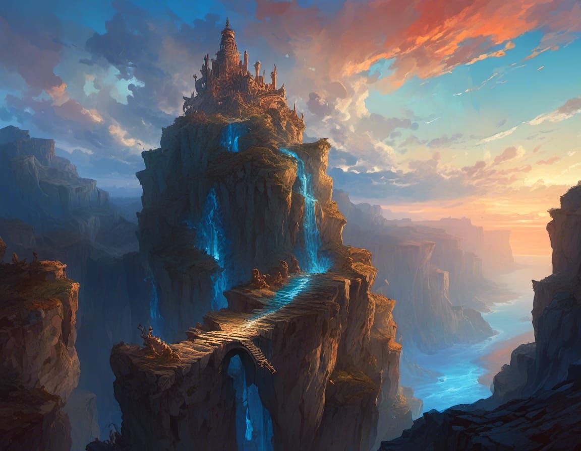 Cliffside Tower Emits Blue Light at Sunset