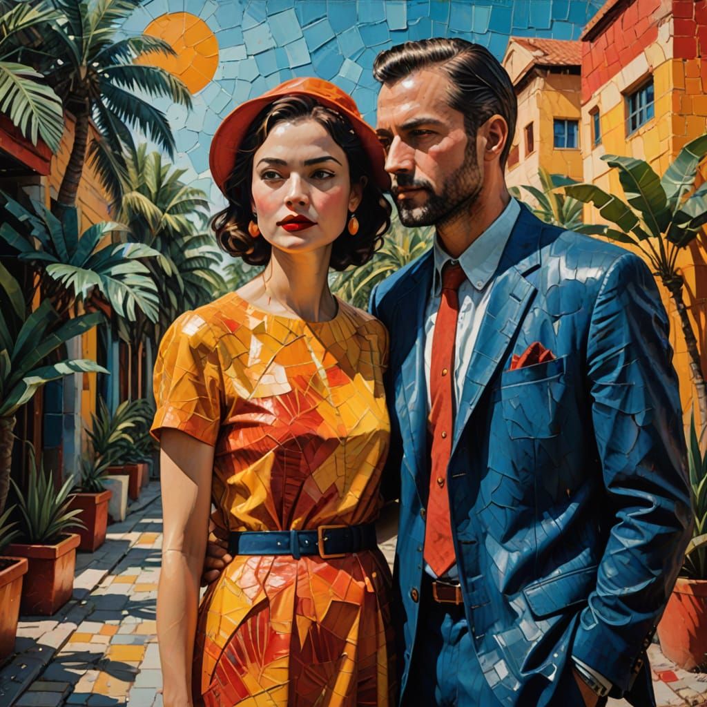 Encaustic Painting of Couple in Retro Cityscape