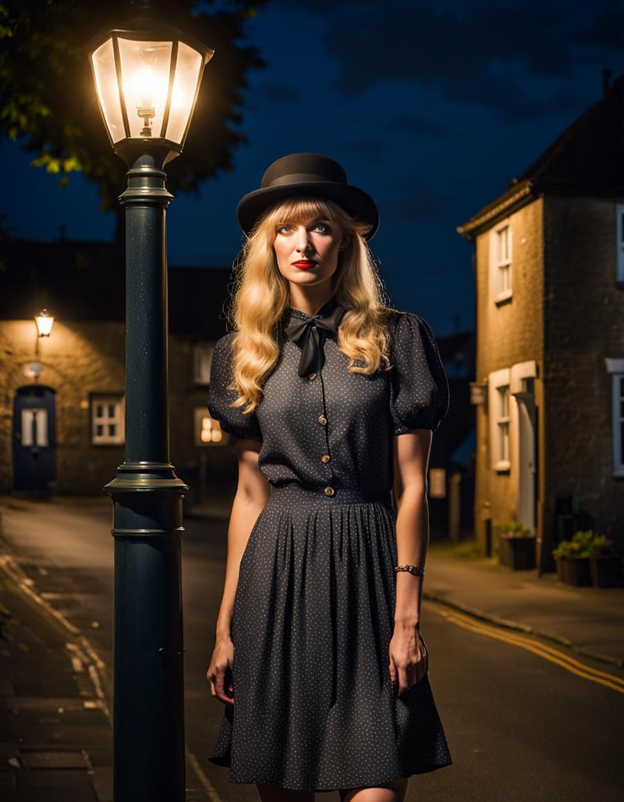 Young Woman in 80s Dress Leaning on Lamp Post