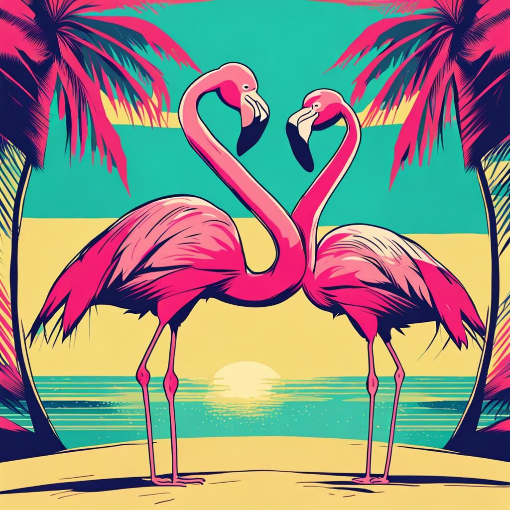 Flamingo Dancing on Beach in Pop Art Style