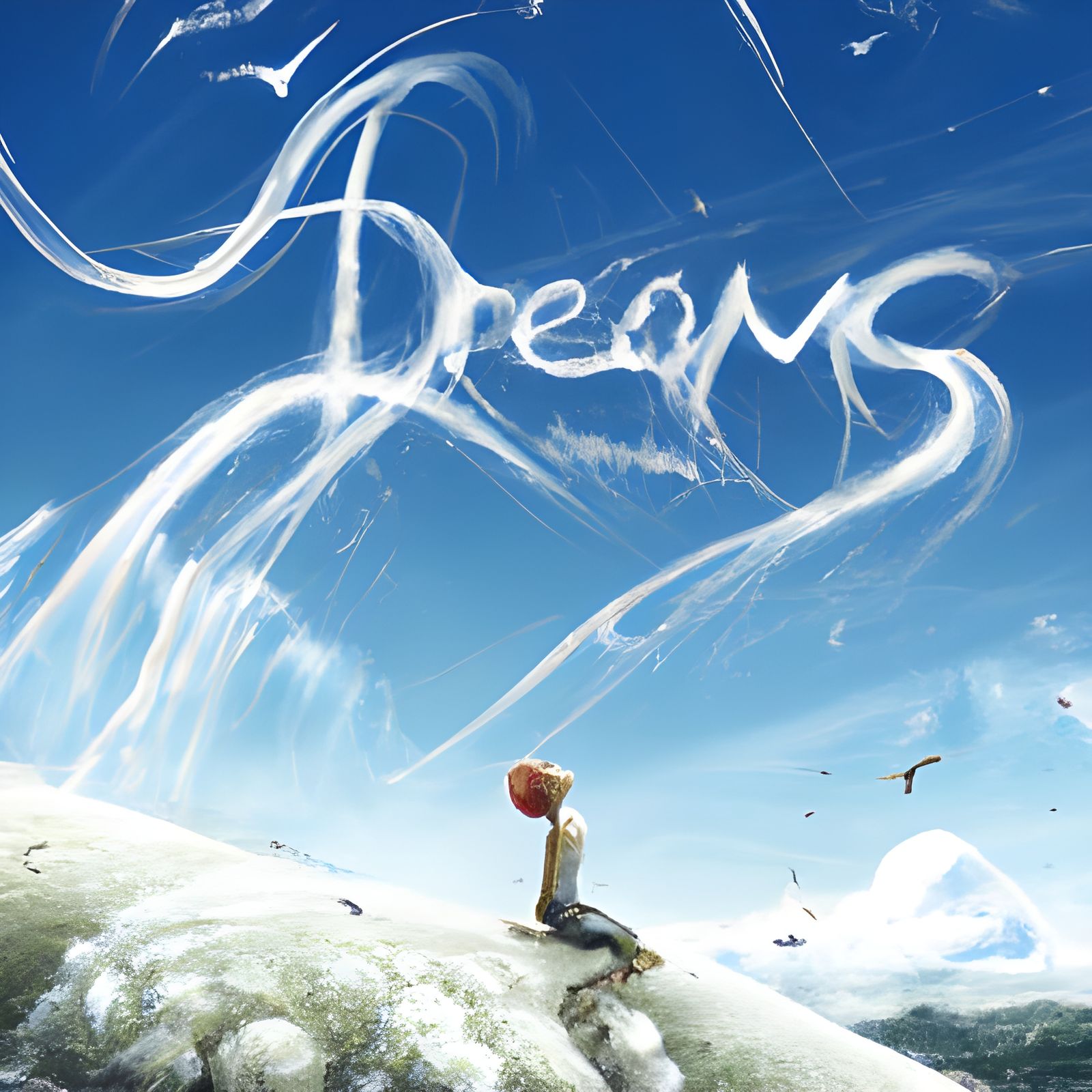 Girl on Mountain with Dreams in Sky