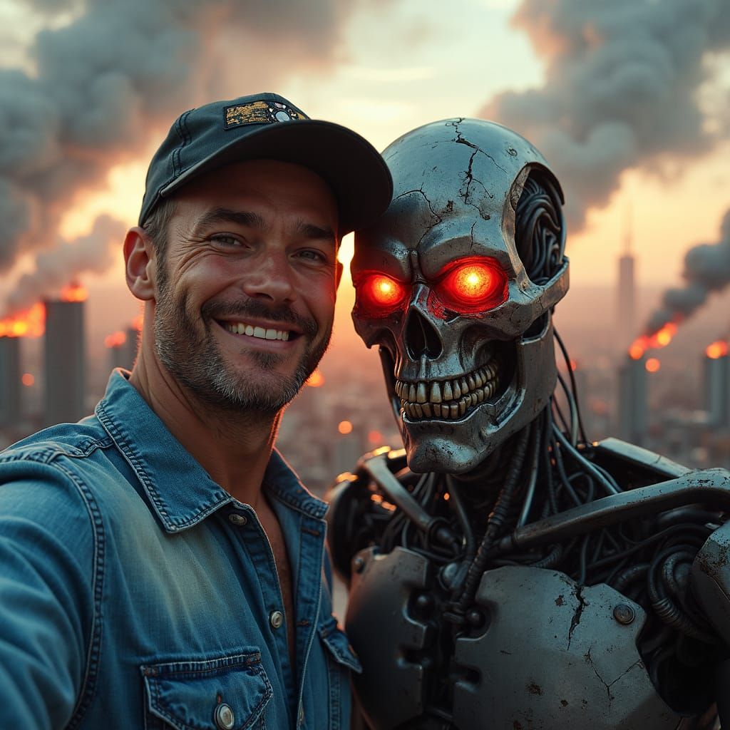 Selfie with a Battle-Damaged Terminator Cyborg
