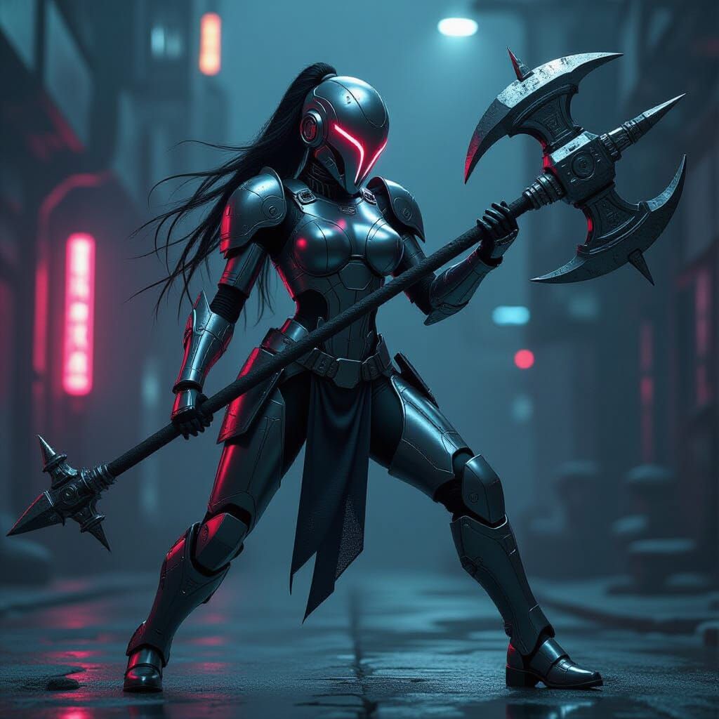 Futuristic Robot Woman with War Hammer in Cyberpunk Style