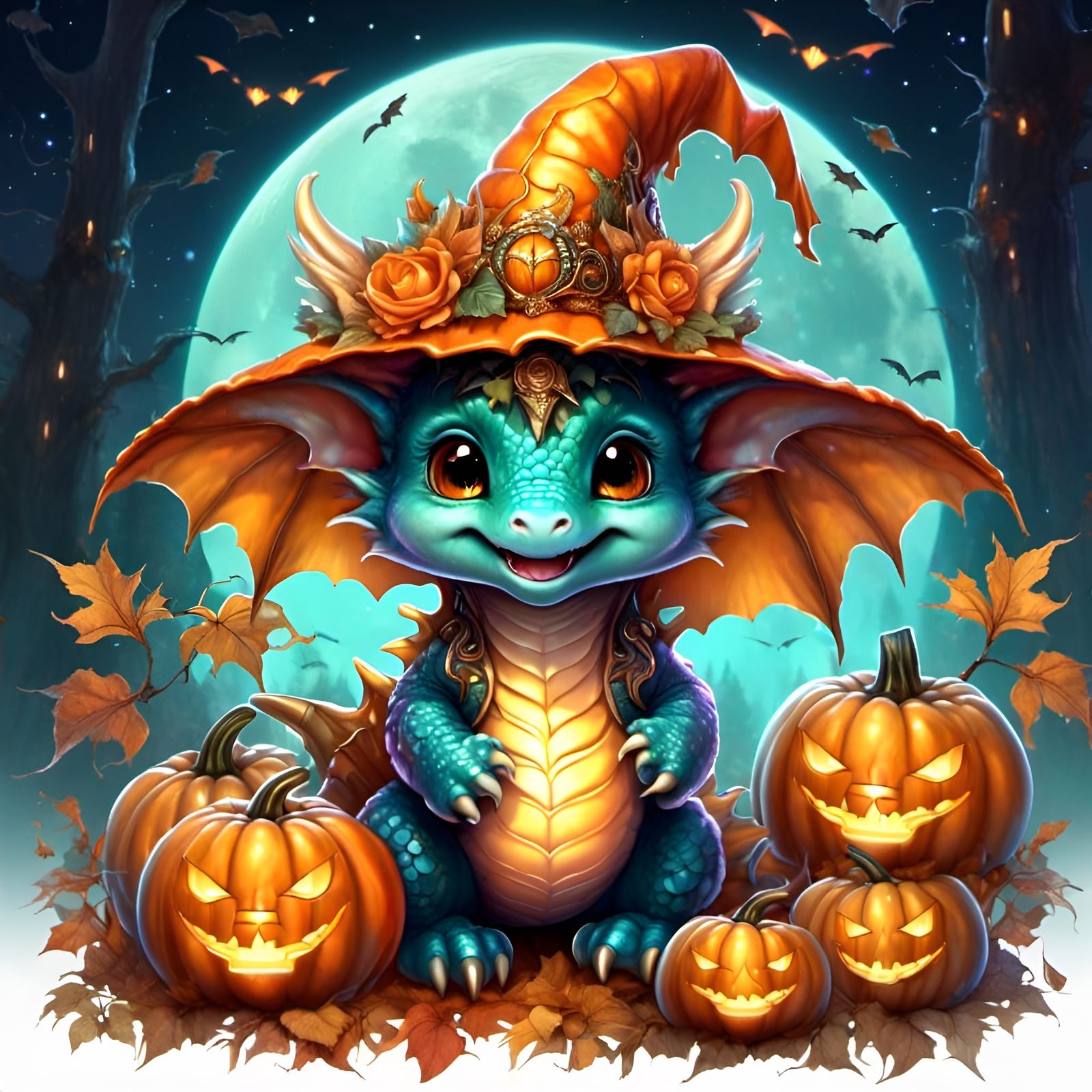 Cute Halloween Dragon Surrounded by Pumpkins