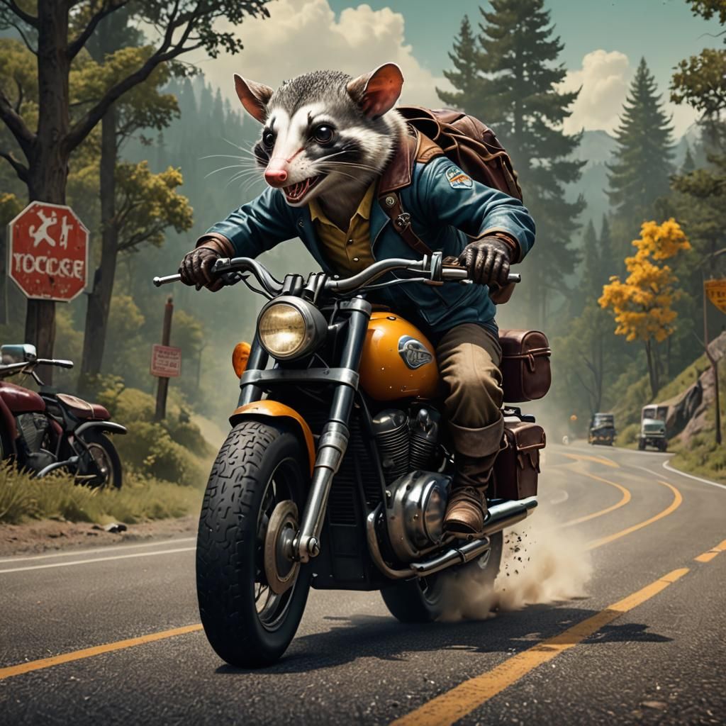 Angry Opossum on Motorcycle in 1950s Style