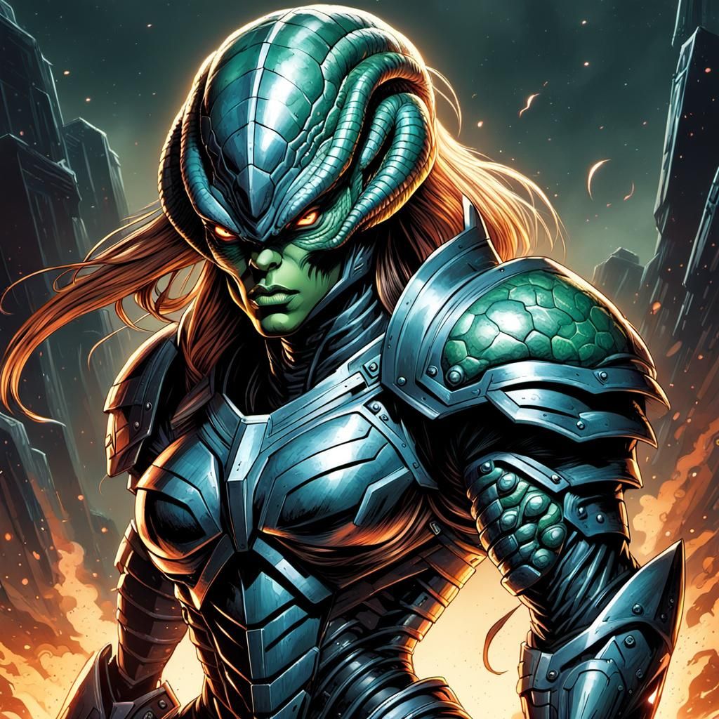 very muscular and powerful alien reptile woman humanoid hybrid wearing full combat armor