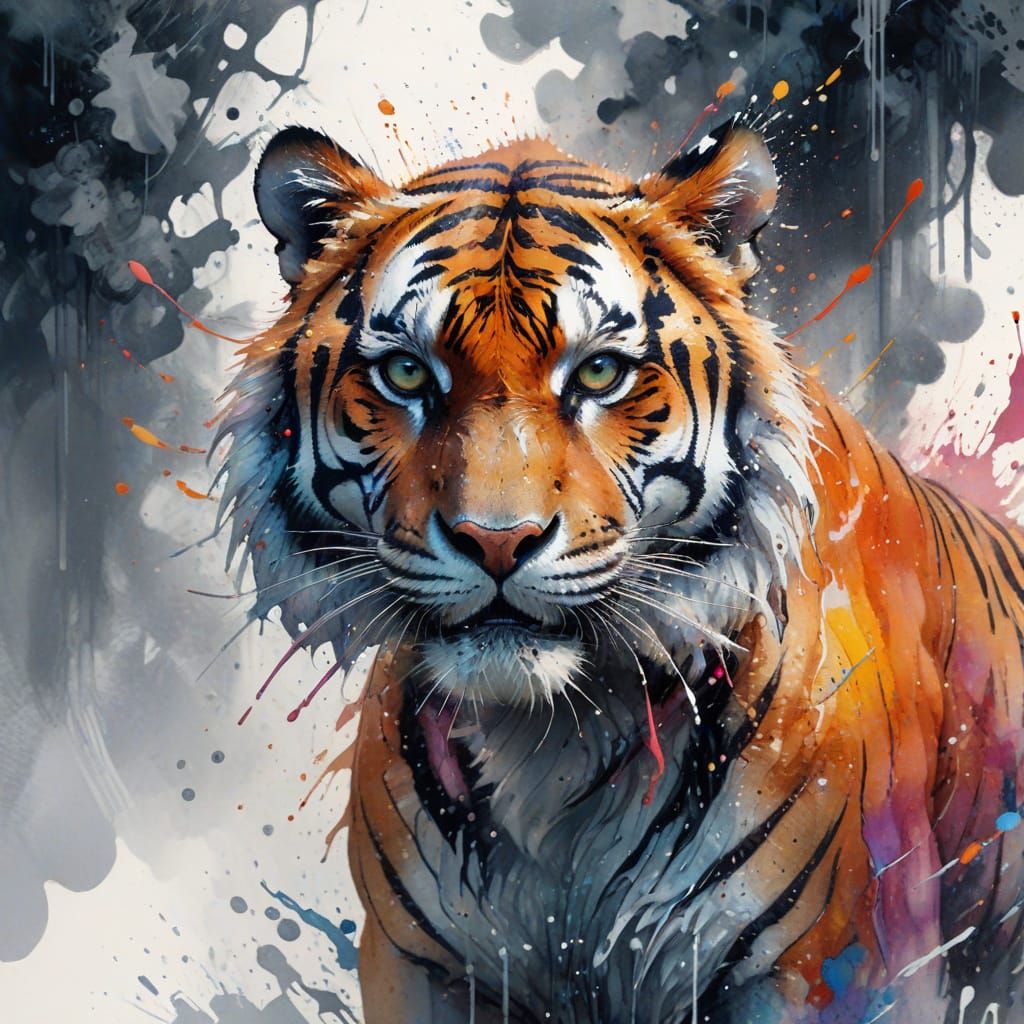 Tiger Amidst Stormy Jungle in Whimsical Watercolour Style