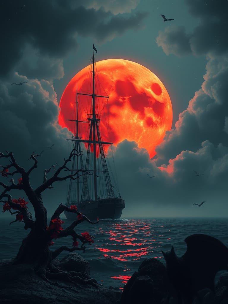 Mystical Tall Ship Sails Under Red Moon
