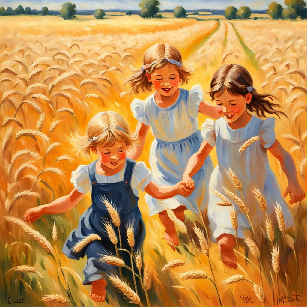 Impressionist Children Playing in Wheat Field