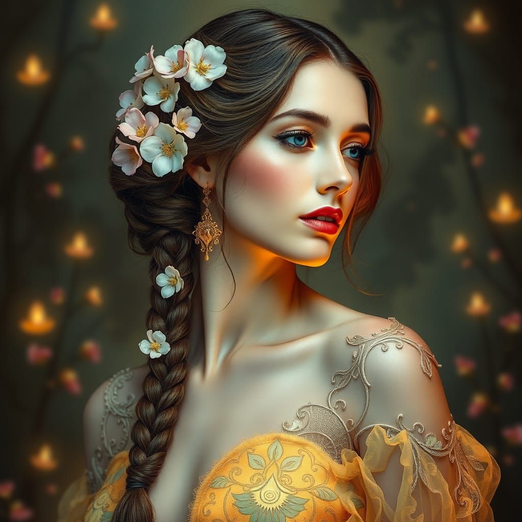 Ethereal Woman with Braids in Art Nouveau Style