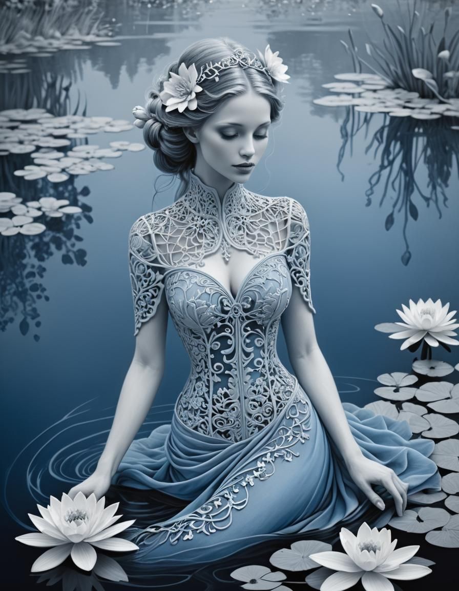 Blue Lady of the Lake with Floral Filigree