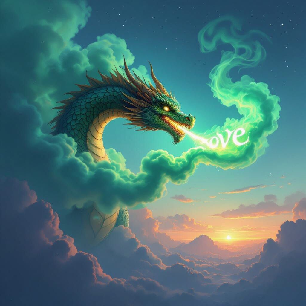 Dragon Writes Love in Twilight Sky