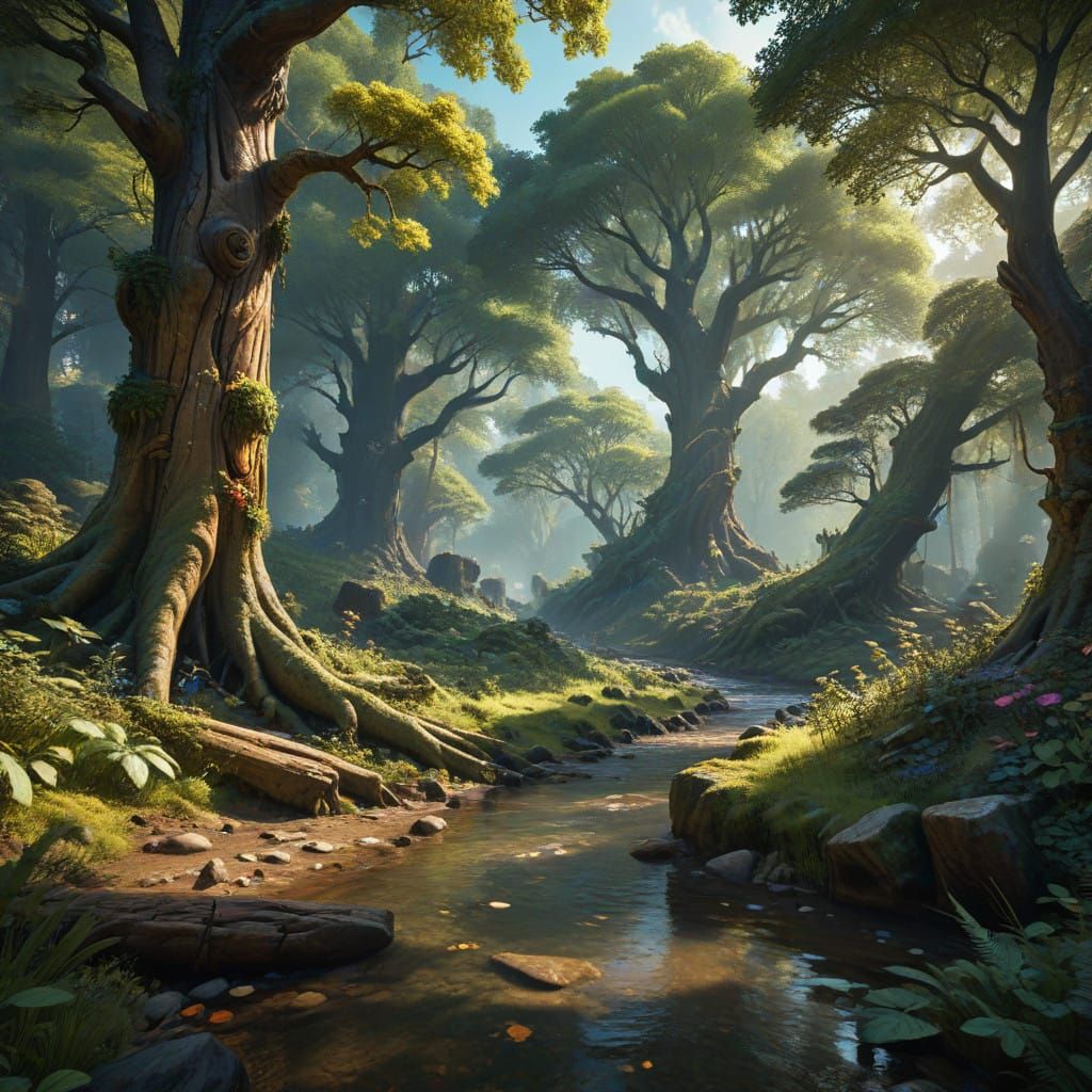 Lush Forest River Scene in Neo-Impressionist Style