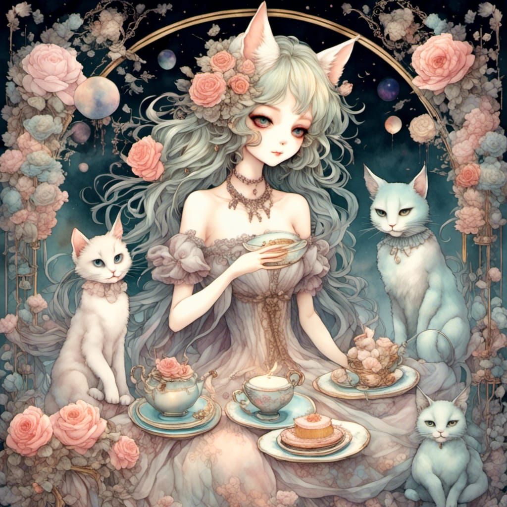 Victorian Cat Tea Party in Dreamy Watercolor