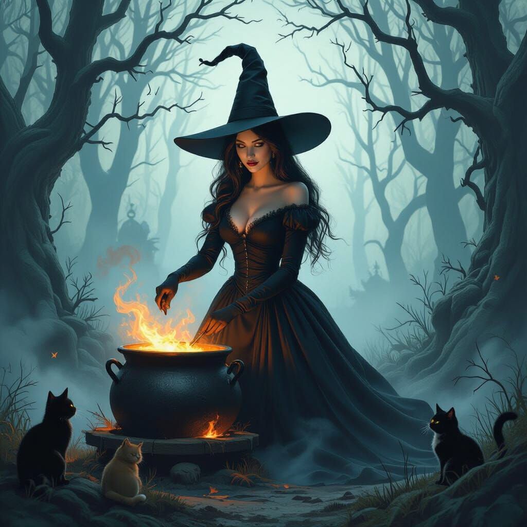 Mystical Witch in Eerie Woods with Cats