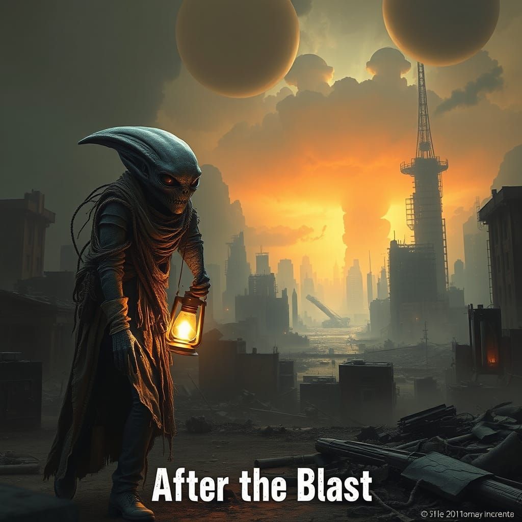 Post-Apocalyptic Alien Navigates Ruined Cityscape