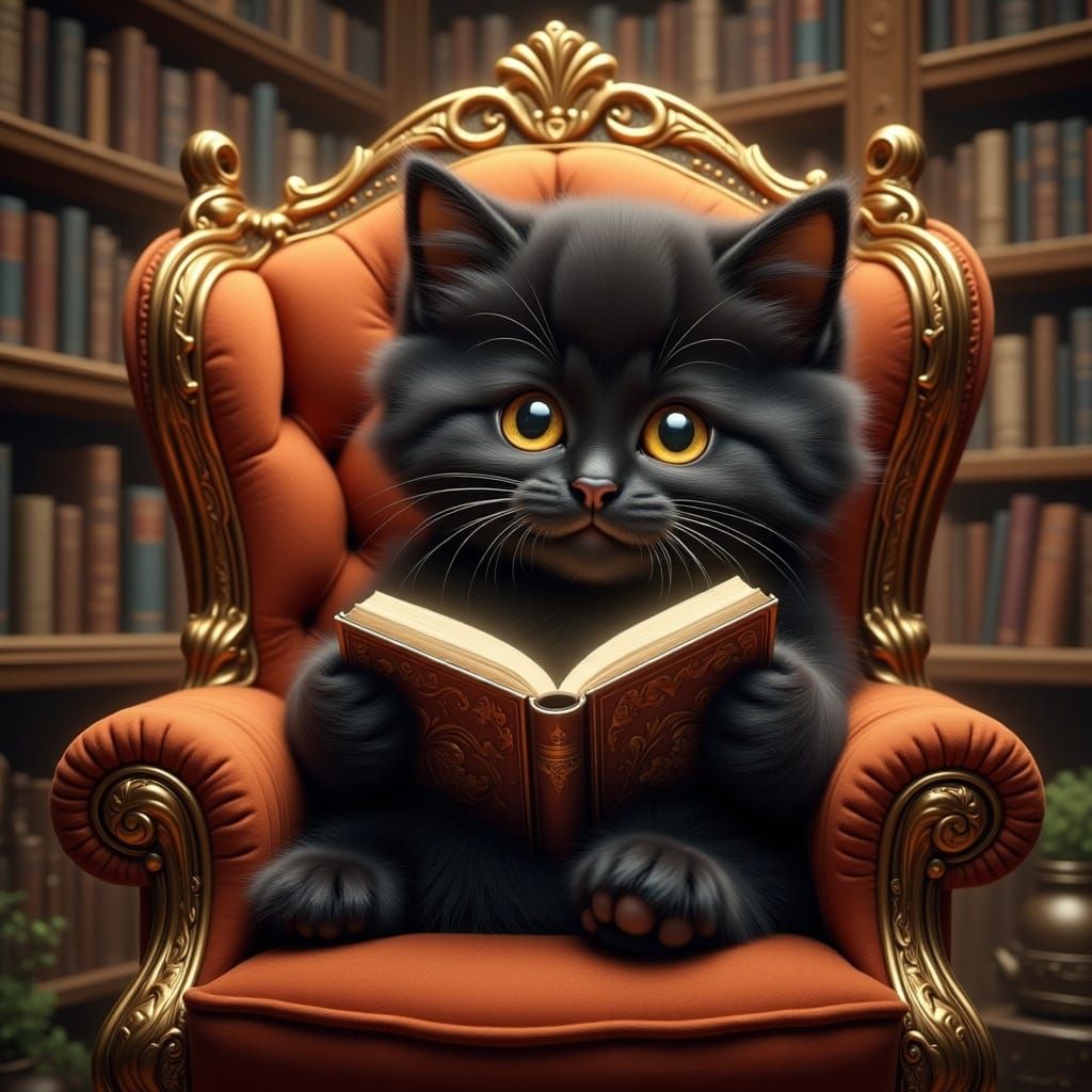 Cute Black Kitten Reading in Whimsical Library