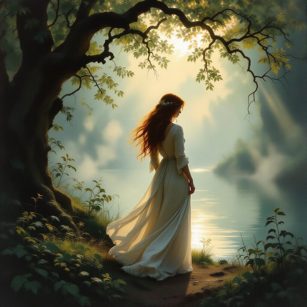 Ethereal Woman in Ancient Forest Oil Painting