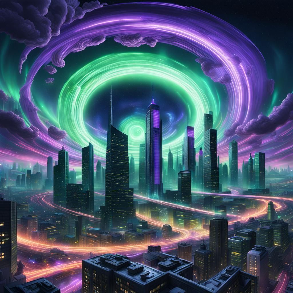 Futuristic City Engulfed by Vortex in Neon Lights