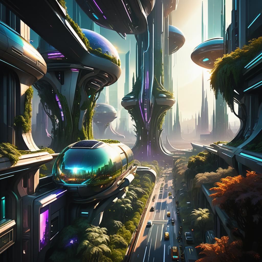 Futuristic Solarcore Cityscape with Iridescent Transport
