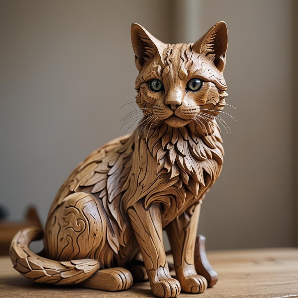 Hyper-Realistic Wooden Cat Sculpture Photograph