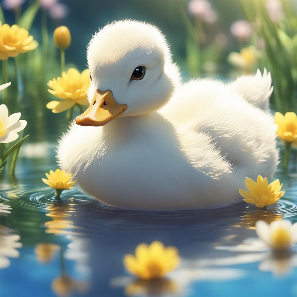 Cute Duck in Pond, Studio Ghibli Anime Style