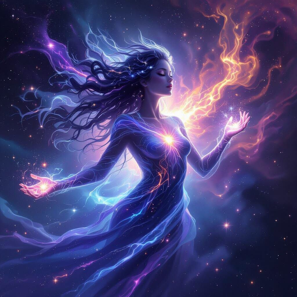 Ethereal Spirit Guides Stars in Cosmic Nebula