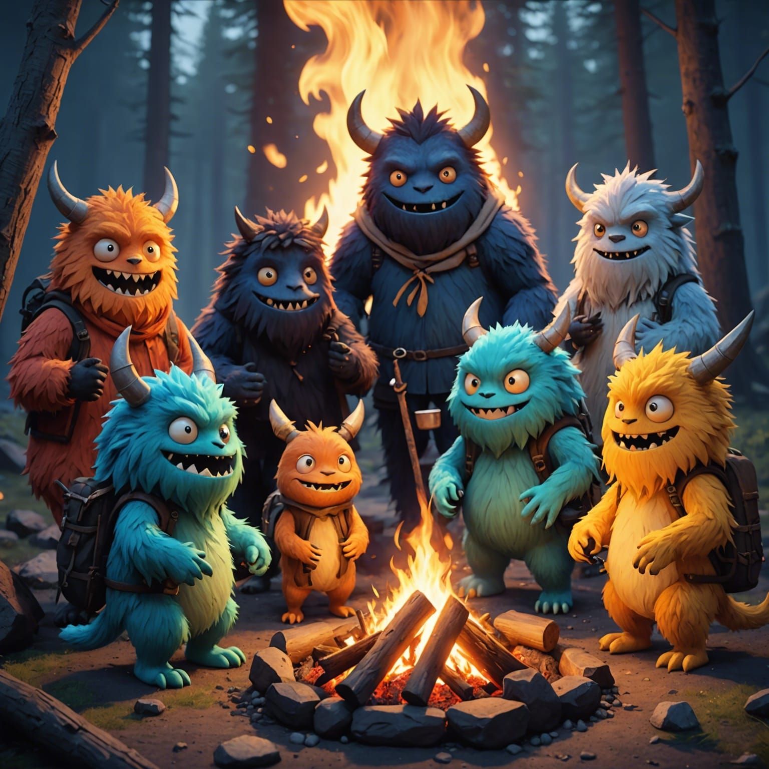 Friendly Monsters Campfire in Detailed 3D Anime Art