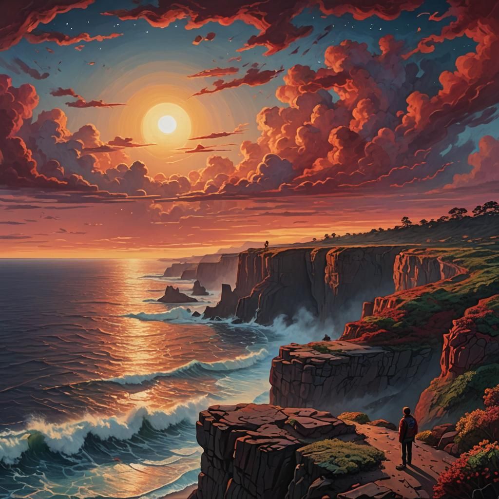 Cliffside Sunset in Fantasy Art Style