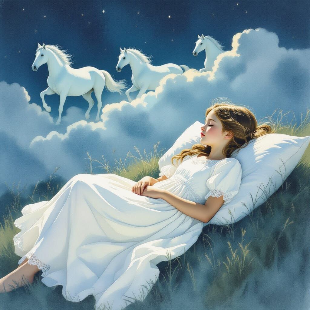 Dreamy Girl Floating in Night Sky Watercolor