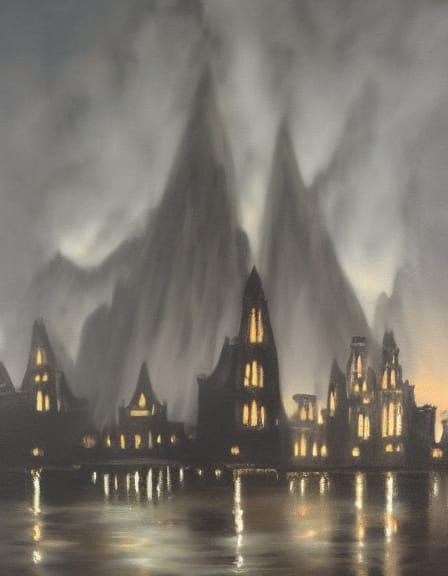 Ancient Cityscape in Dark Oil Painting Style