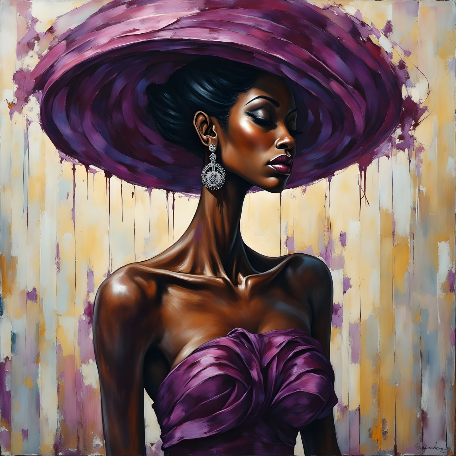 Elegant Woman in Purple Haute Couture Gown, Impasto Oil Pain...
