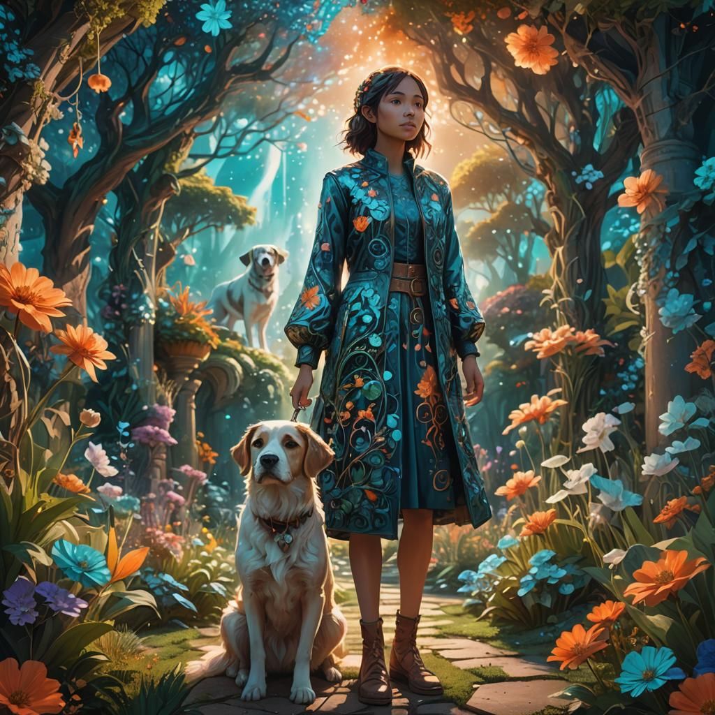Girl and Dog in a Vibrant Fantasy Garden