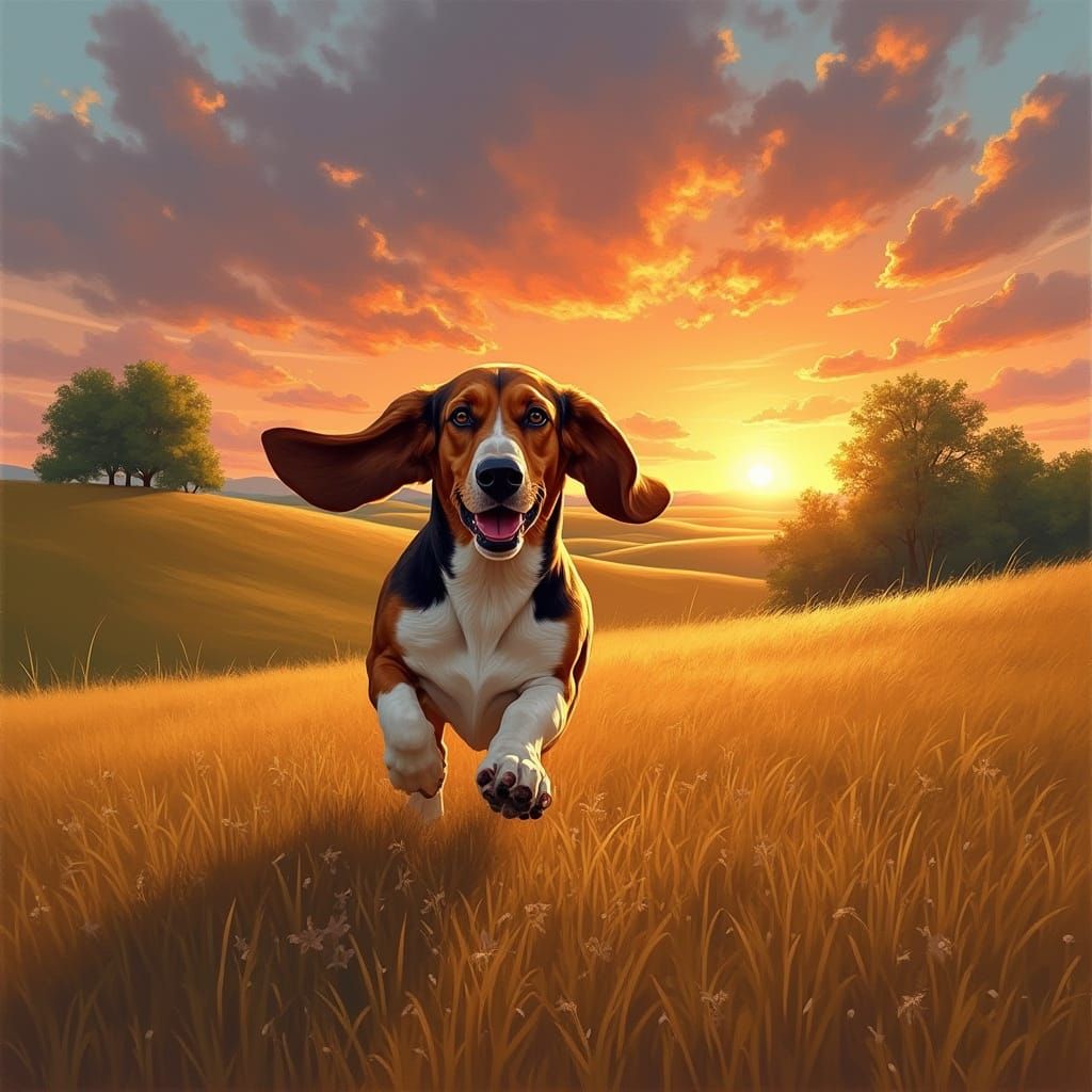 Basset Hound Running Through Sun-Drenched Missouri Field