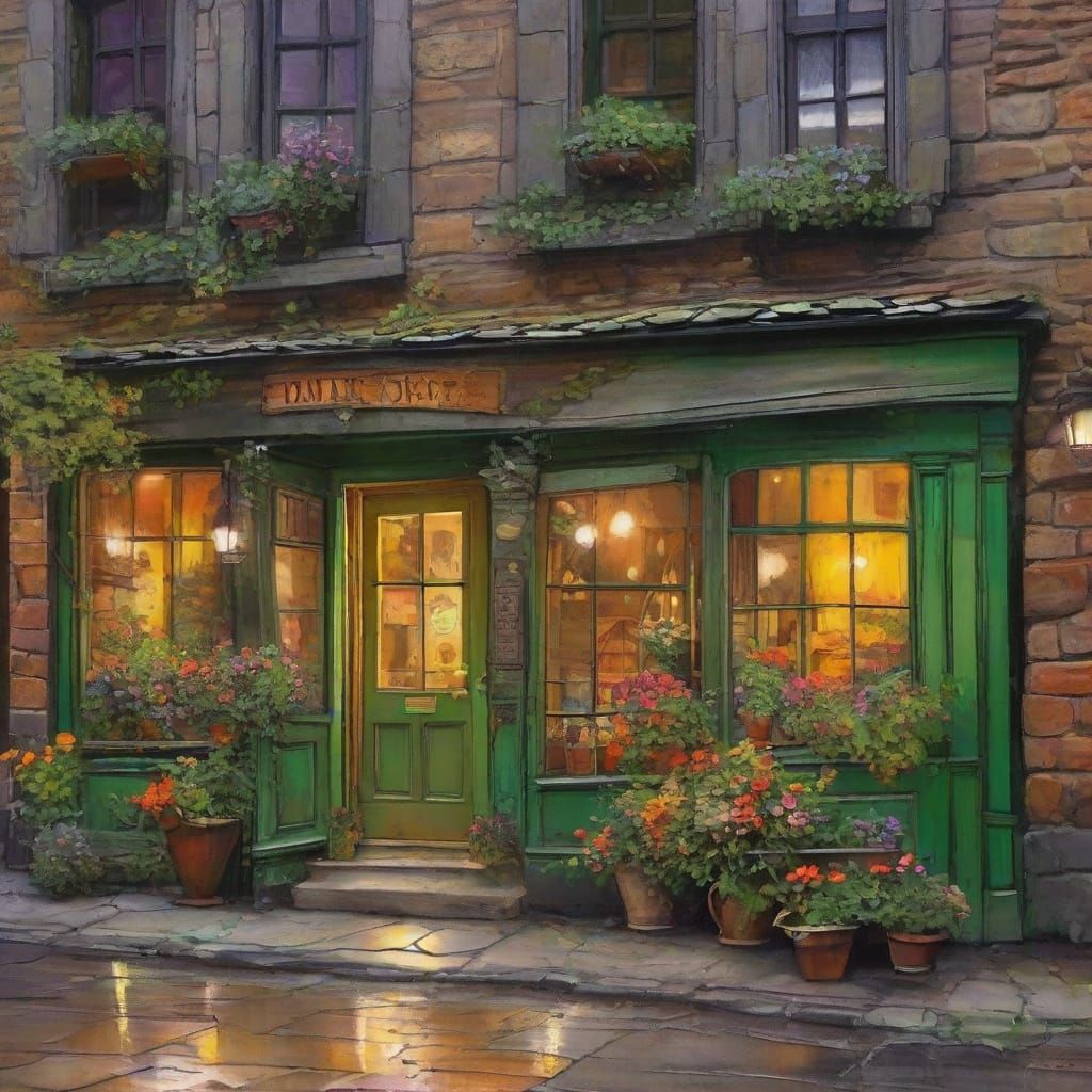 Quaint Village Street Scene in Pen and Ink Style