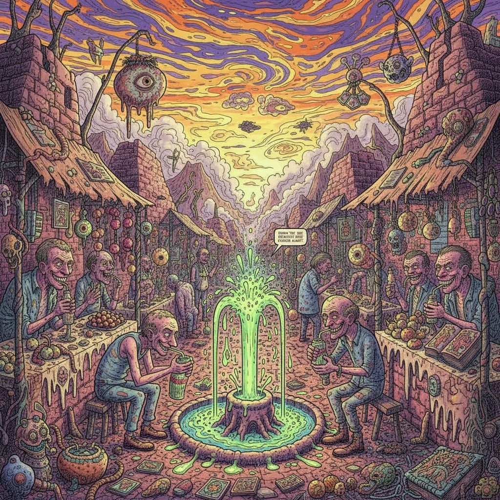 Futuristic Desert Marketplace with Neon Fountain