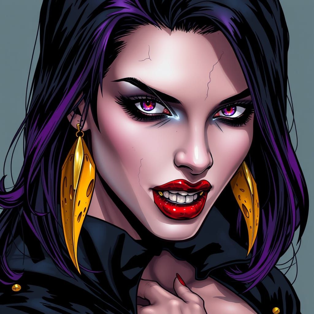 Female Vampire with Gold Fangs in Comic Style