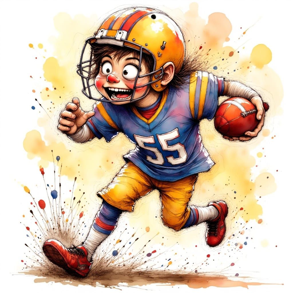 Cartoon Football Player Number 55 Tackled