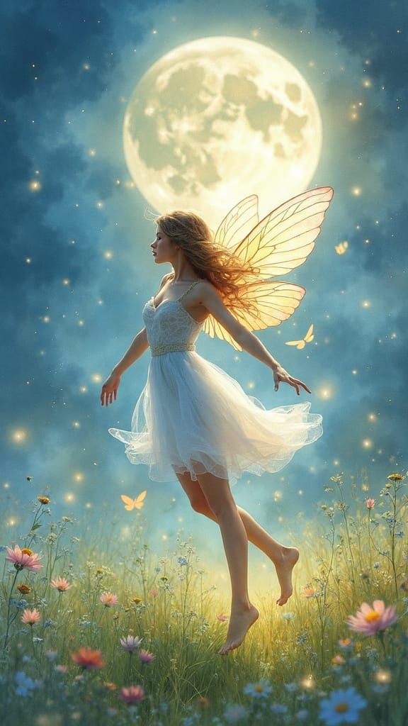 Ethereal Fairy Dance in Moonlit Meadow: Watercolor
