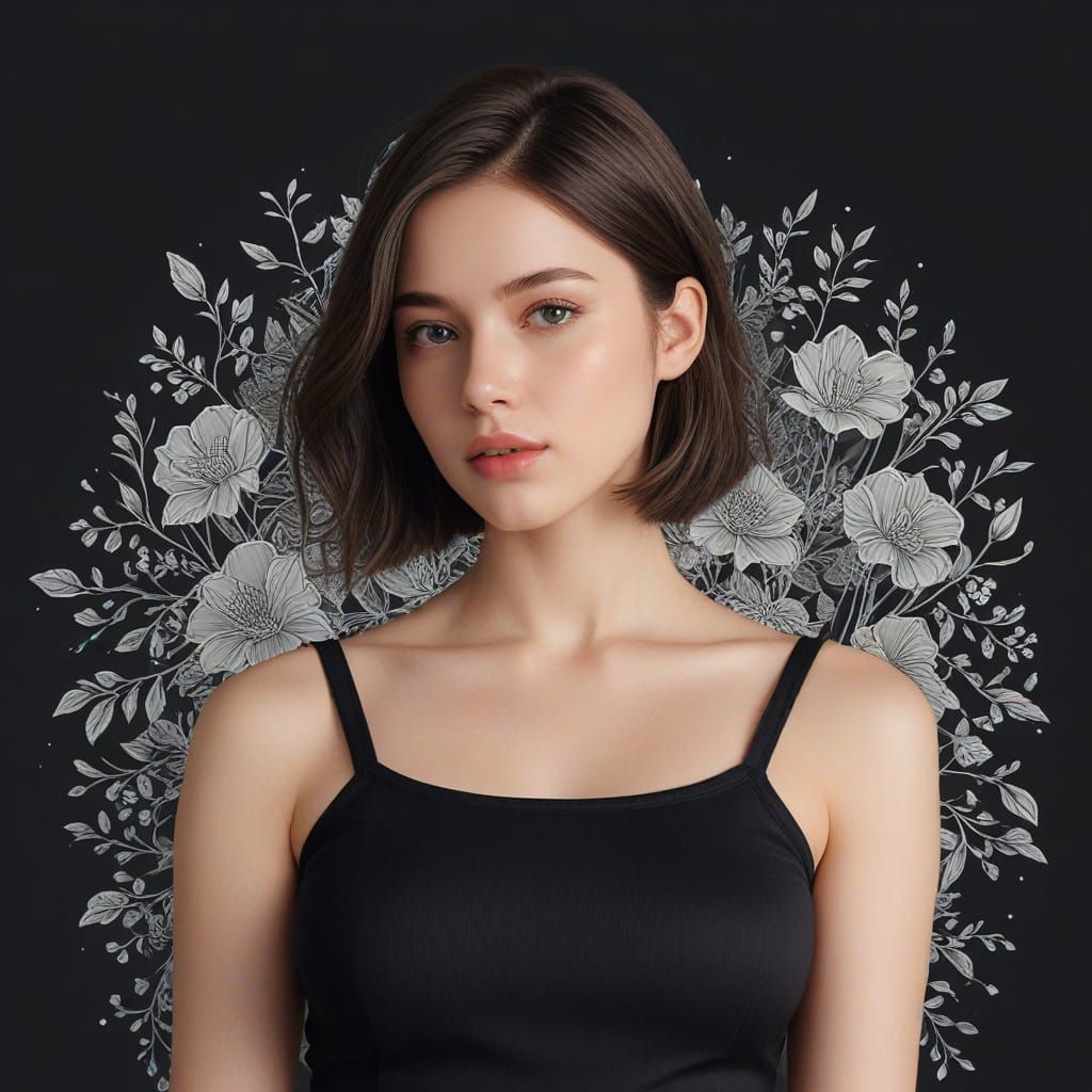 Beautiful Girl in Black Top with Floral Details