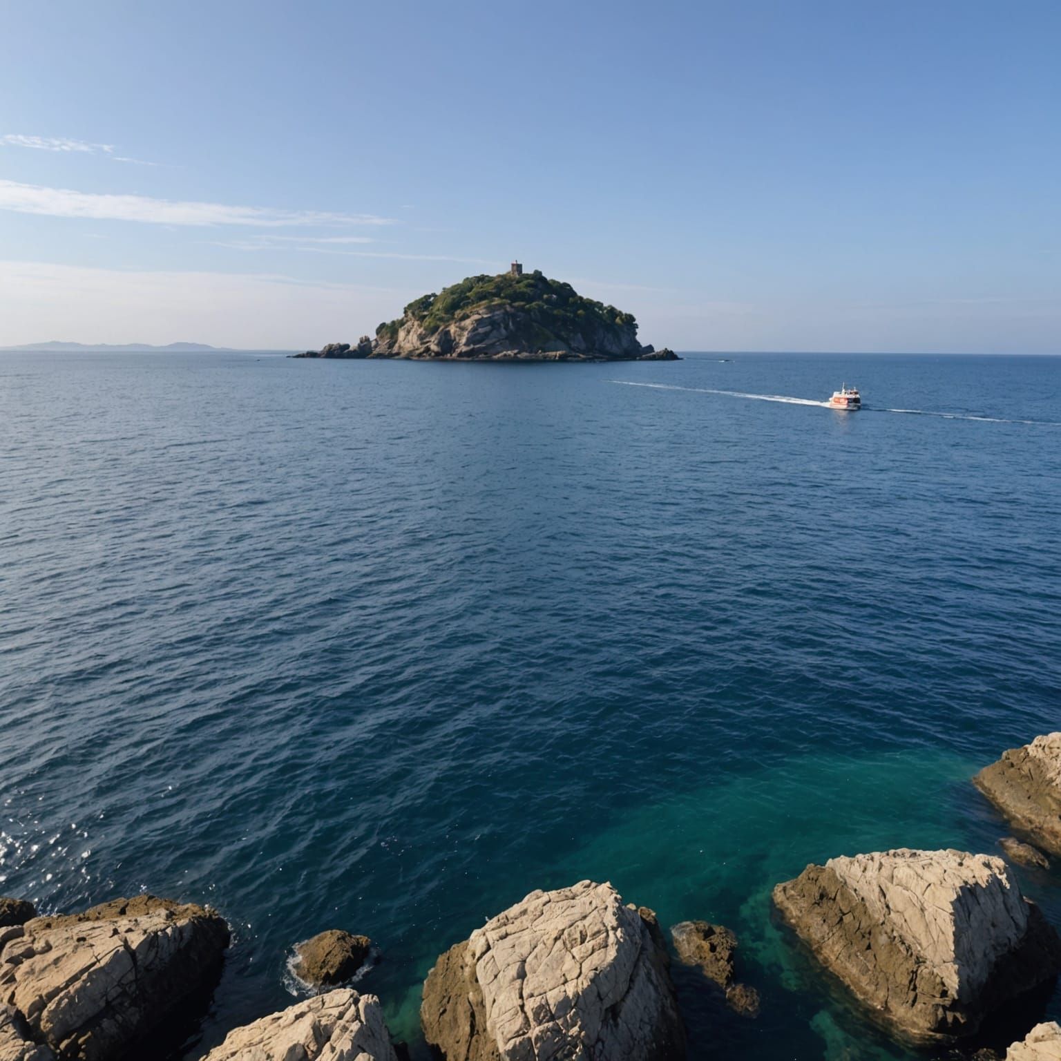 Seascape with Boat, Rocks, and Distant Island