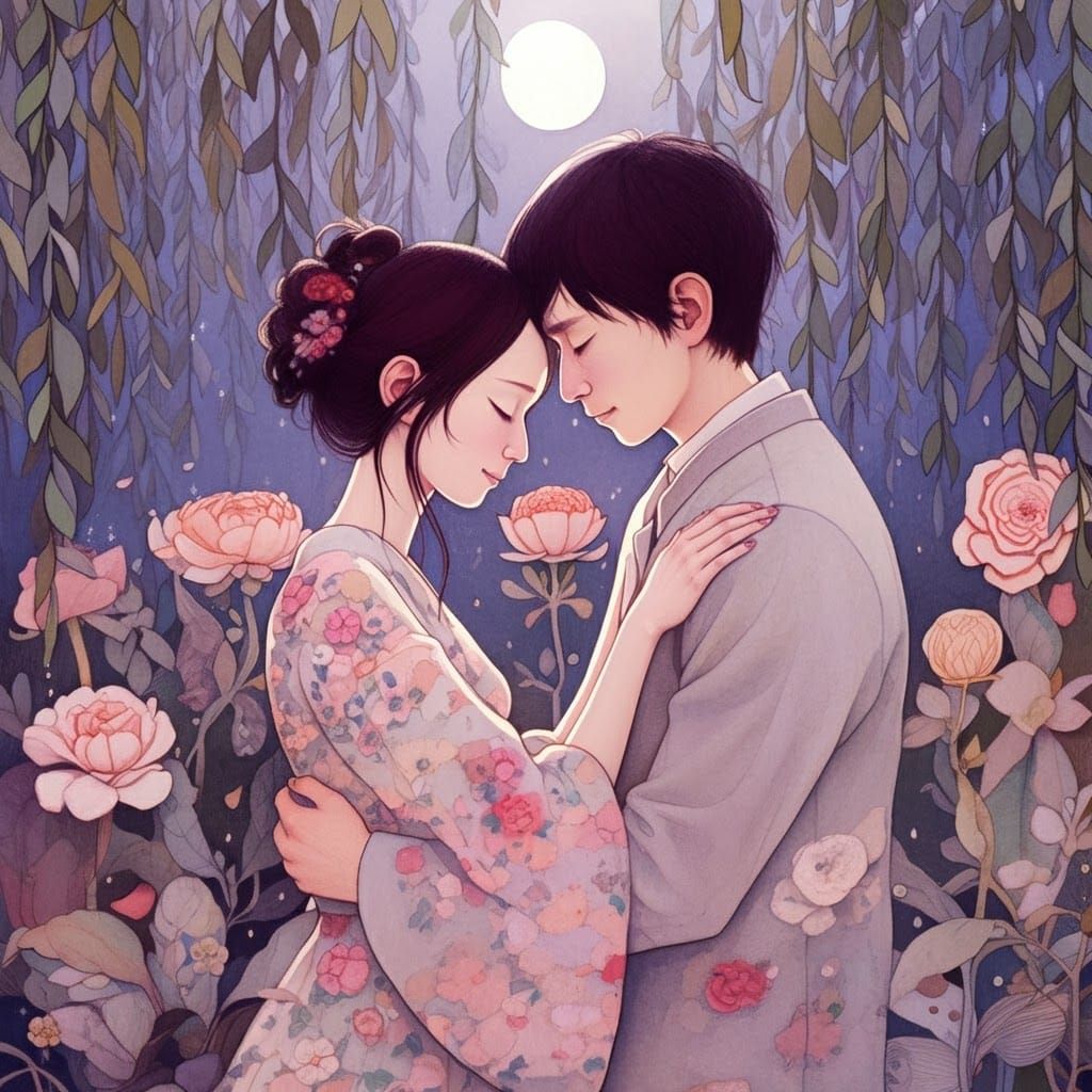 Embracing Couple in Floral Forest: Ethereal Illustration
